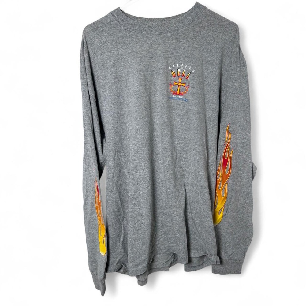 Y2K Gildan Michigan Hell Cross Flame Long Sleeve Shirt with  flame sleeves